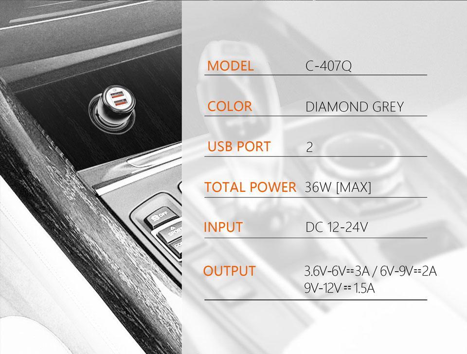 شارژر فندکی Fast الدینیو مدل C407Q با کابل Micro usb